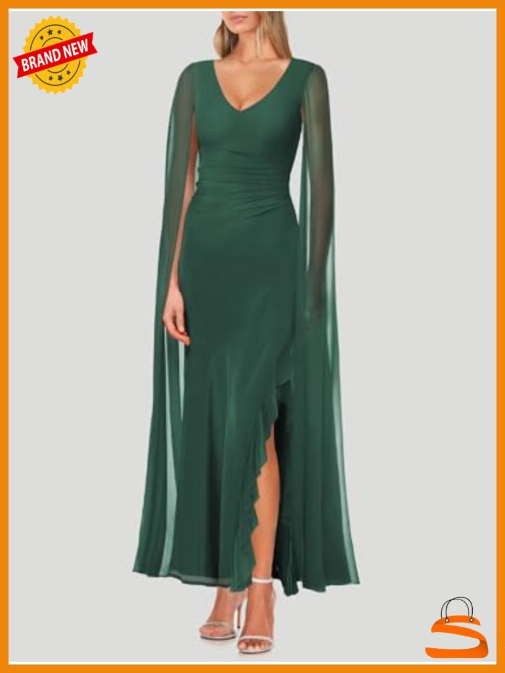 V Neck High Split Maxi Dress with Cape Sleeve Formal Evening Gown - Picture 3 of 6